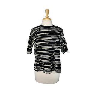 EILEEN FISHER Linen Blend Black Cream Stripe Keyhole Back Sweater Size Medium